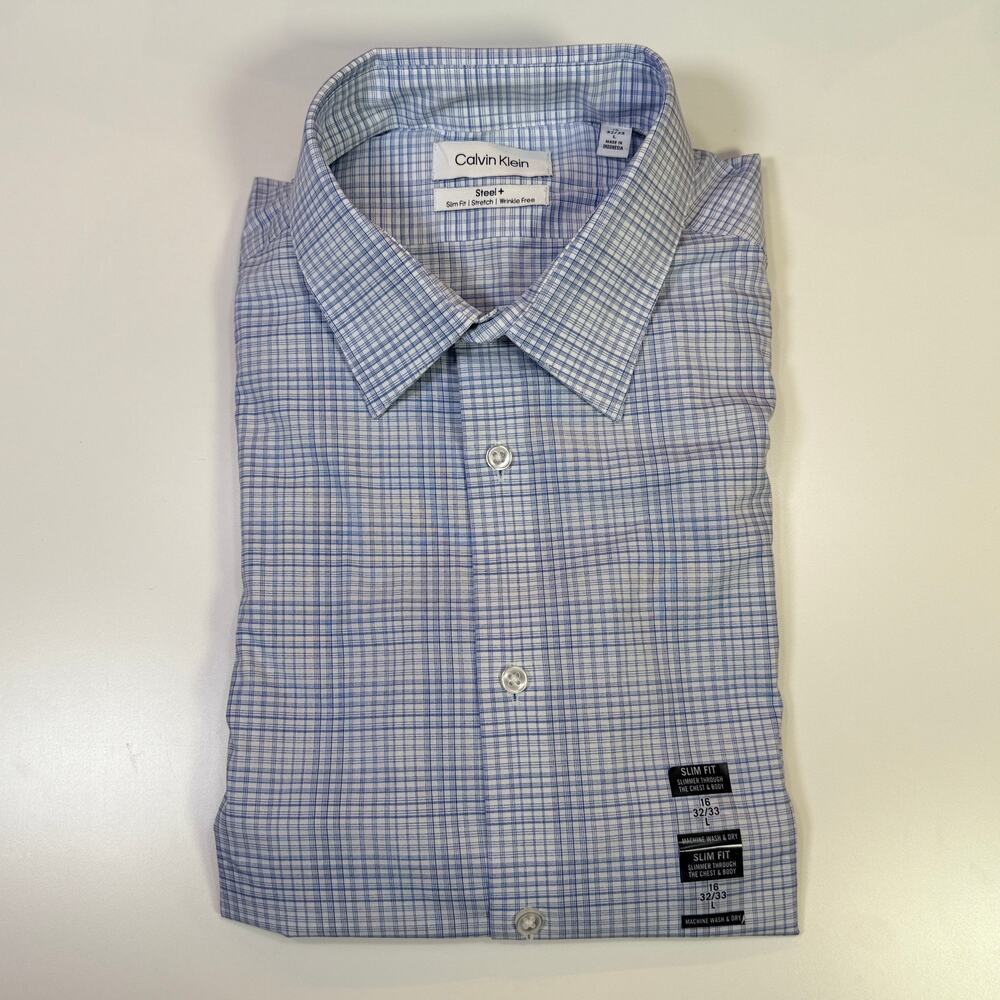 Calvin Klein Steel Men's Stretch Slim Fit  Dress Shirt Navy 16 32/33 $85